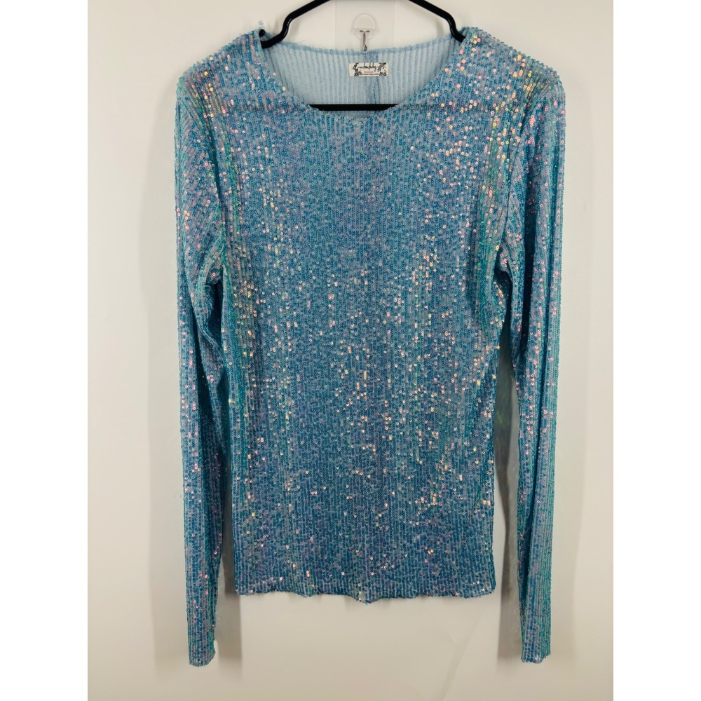 Free People Intimately Blue Sequin Long Sleeve Top Aqua Iridescent Medium